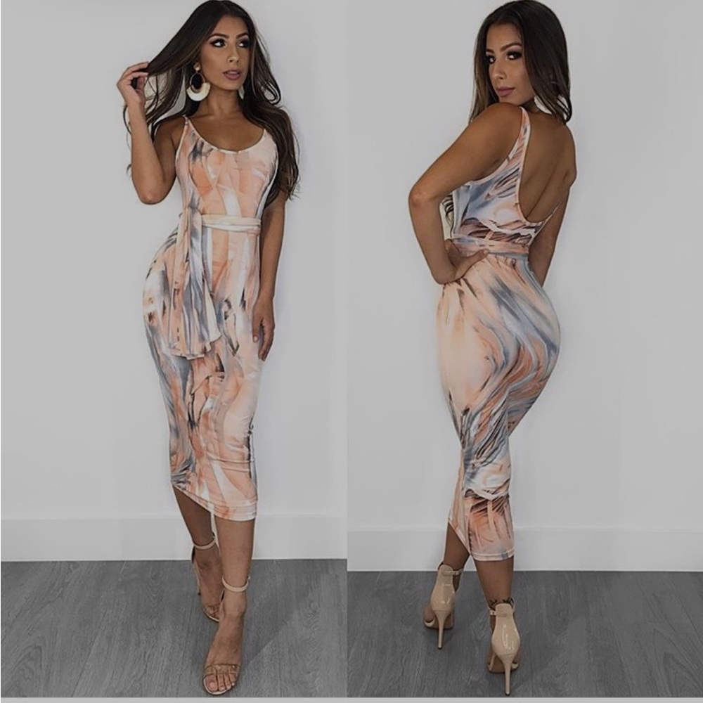 Swirly Pink and Grey Maxi Dress with Belt
